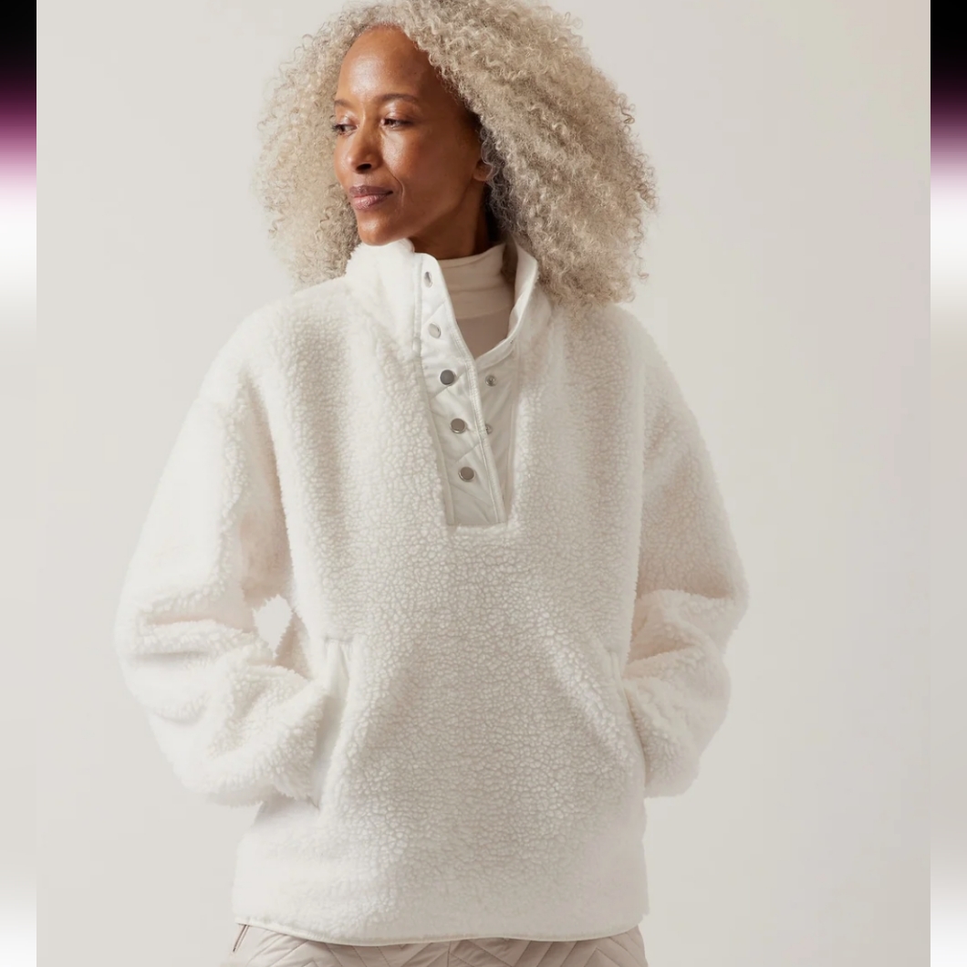 Nwt Athleta Cozy Sherpa Snap Pullover Sweater Sweatshirt In Magnolia White